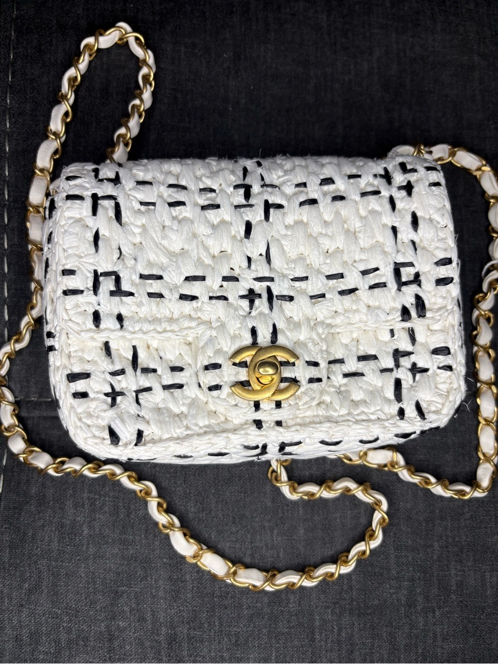 Authentic CHANEL Mini Raffia Woven Flap Bag White Black Gold CC Chain Crossbody